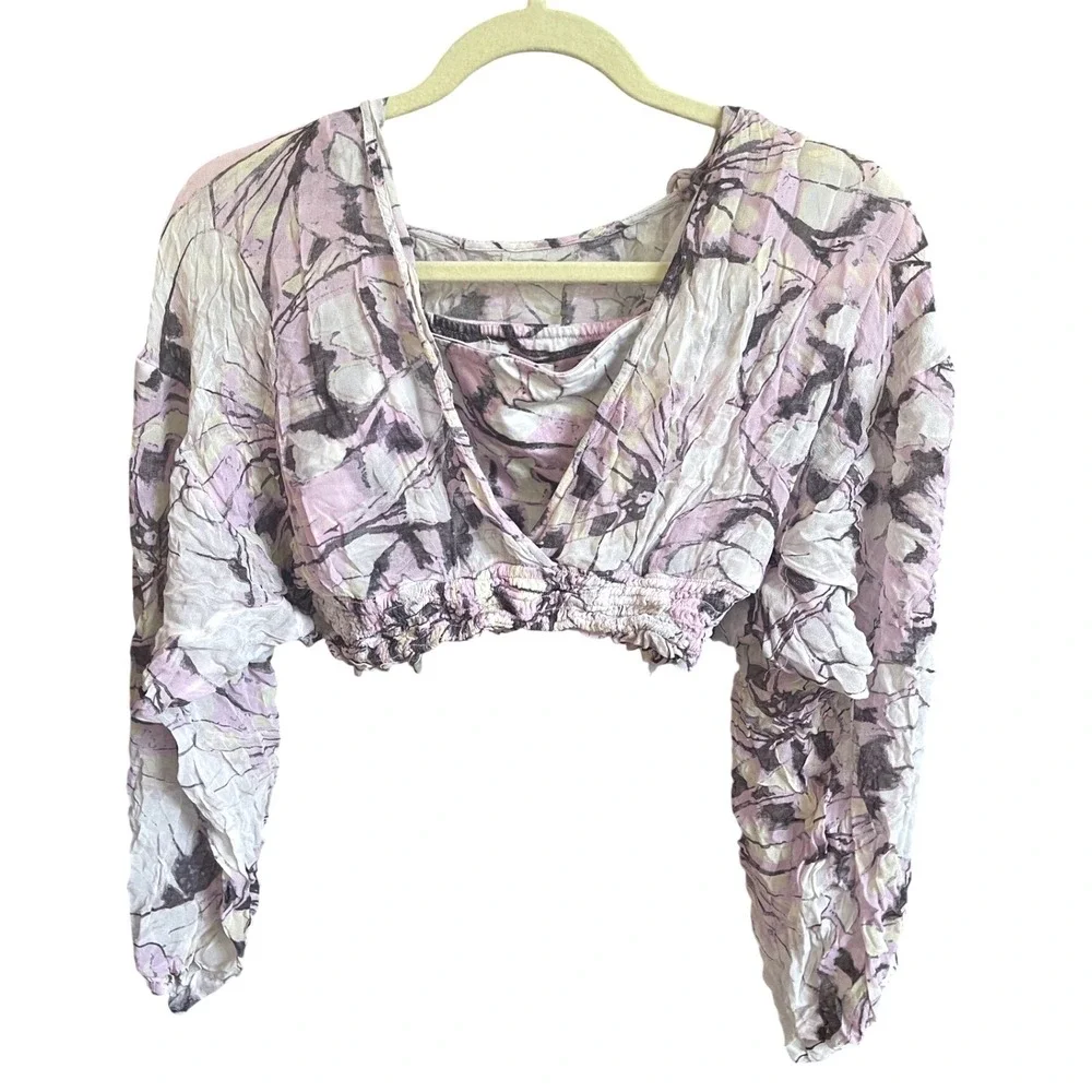 Anthropologie Sheer Cropped Puff Sleeve Abstract Print Top S‎